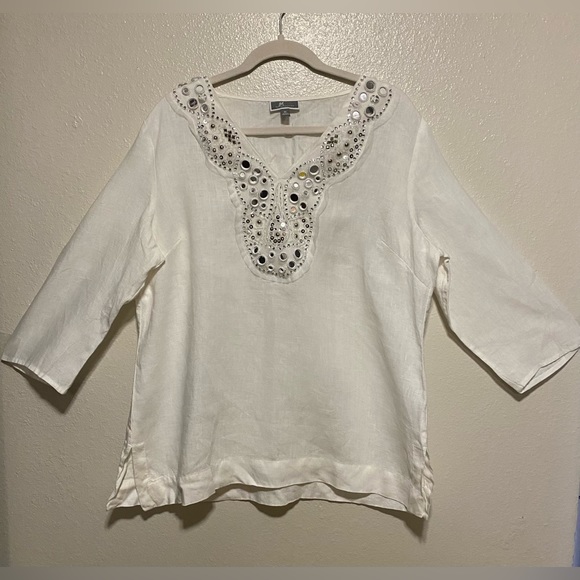 JM Collection Embellished Linen Blouse | Shirt | Top - Picture 1 of 4